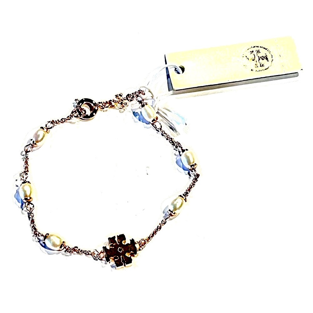 Tory Burch NWT Silver and Pearls with
Pave CZ T-logo Bracelet - Picture 4 of 8